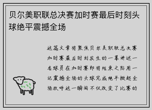贝尔美职联总决赛加时赛最后时刻头球绝平震撼全场