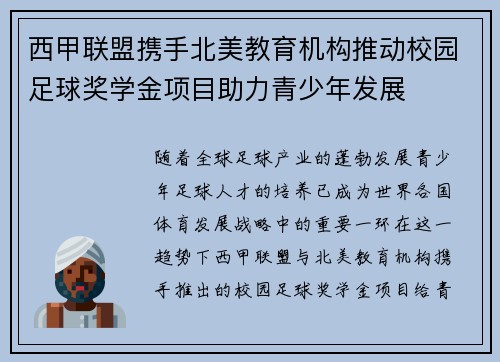 西甲联盟携手北美教育机构推动校园足球奖学金项目助力青少年发展